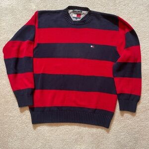 Vintage Tommy Hilfiger Men's Bold Red and Navy Striped Crewneck Sweater